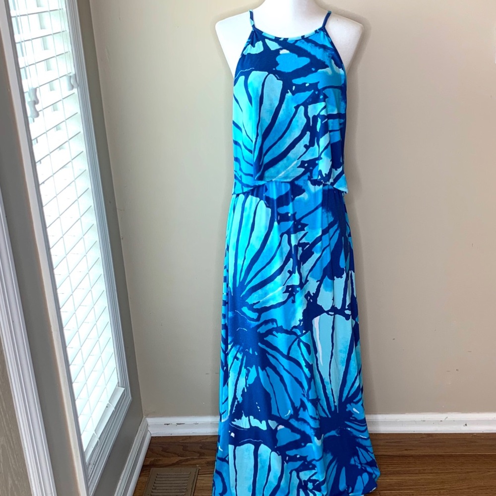 Lilly Pulitzer navy, blue and turquoise maxi dress